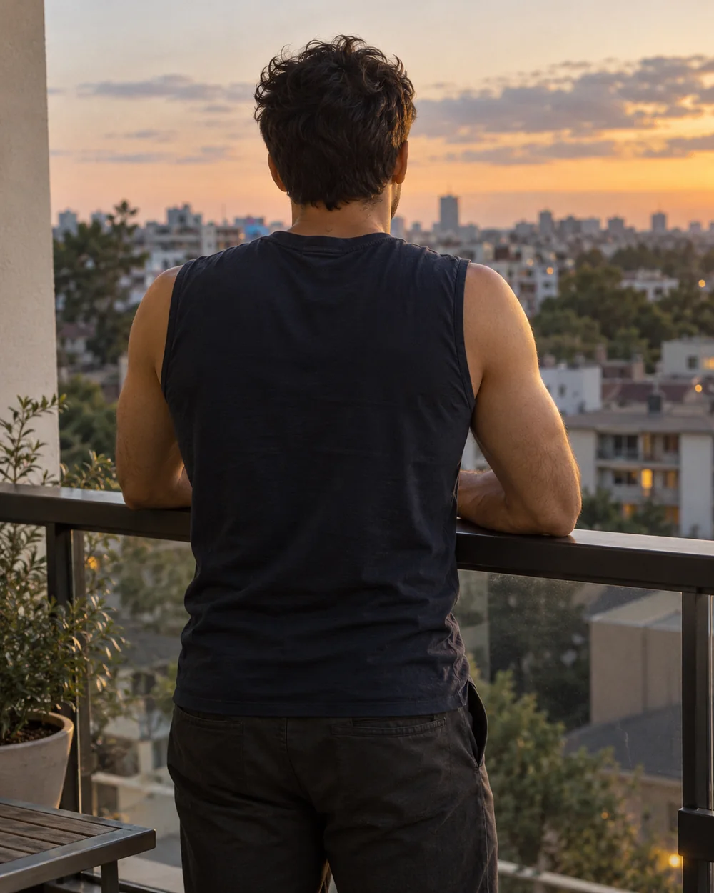 Illustrative adult male creator facing away on a balcony, with his face hidden