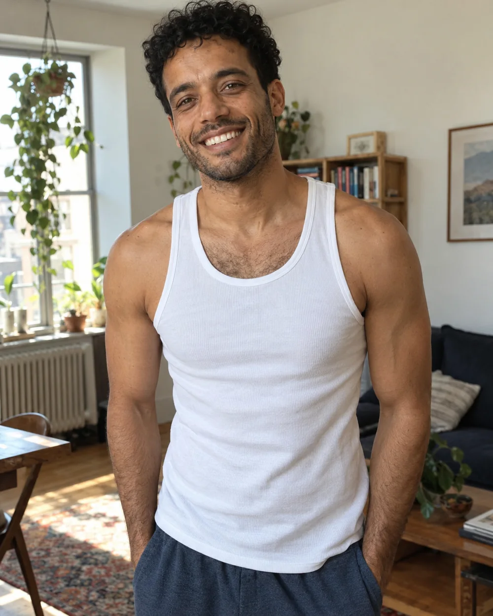 Illustrative adult male creator in a white tank top in a sunlit apartment